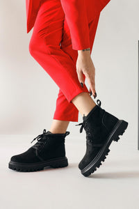 Venetia Black Suede Oval Toe Lace-Up Women’s Boots