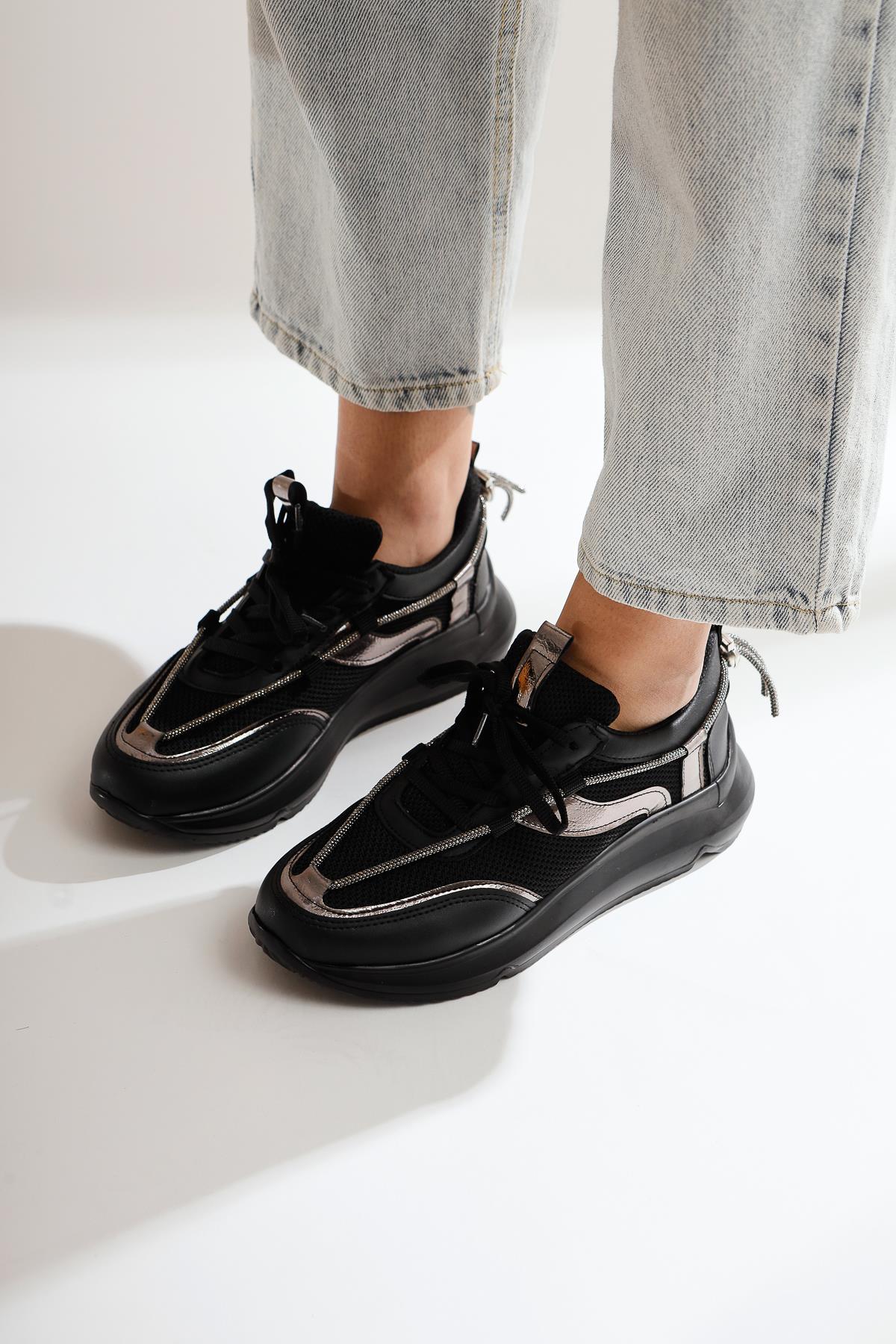 Luann – Black Stone-Detail Lace-Up Sneaker (Women)