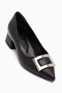 Charoline Black Buckled Short Heeled Pointed Toe Shoes