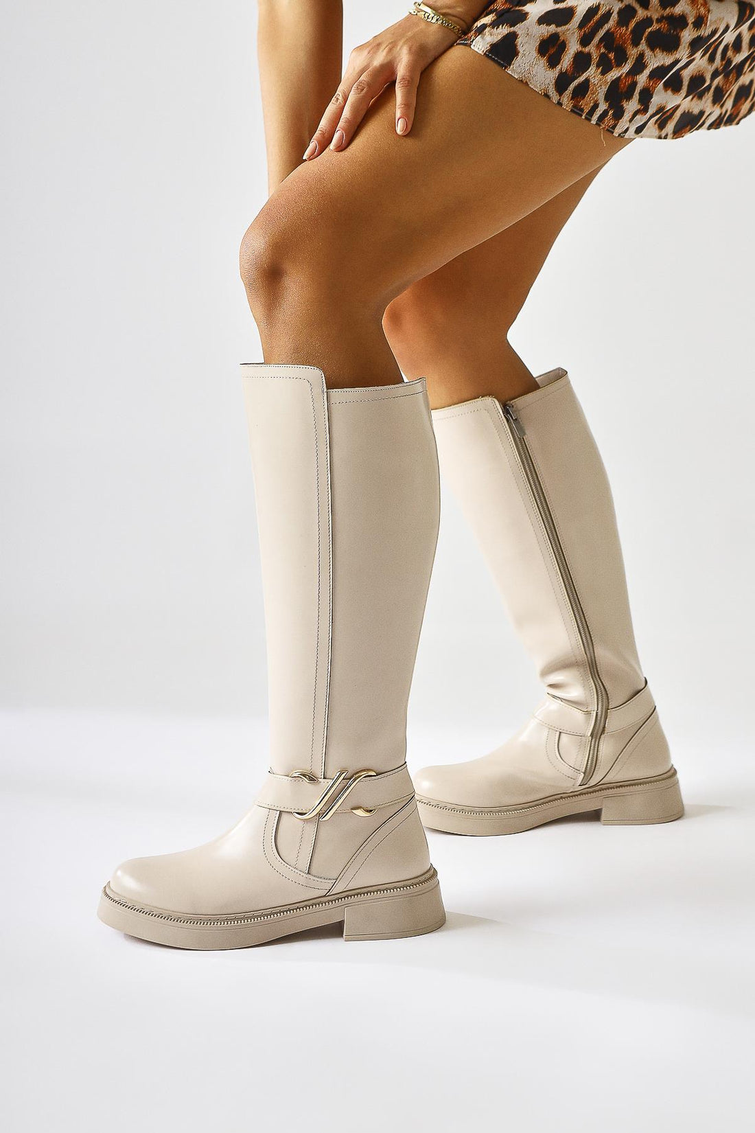 Birgita Beige Buckle-Detailed Zippered Boot
