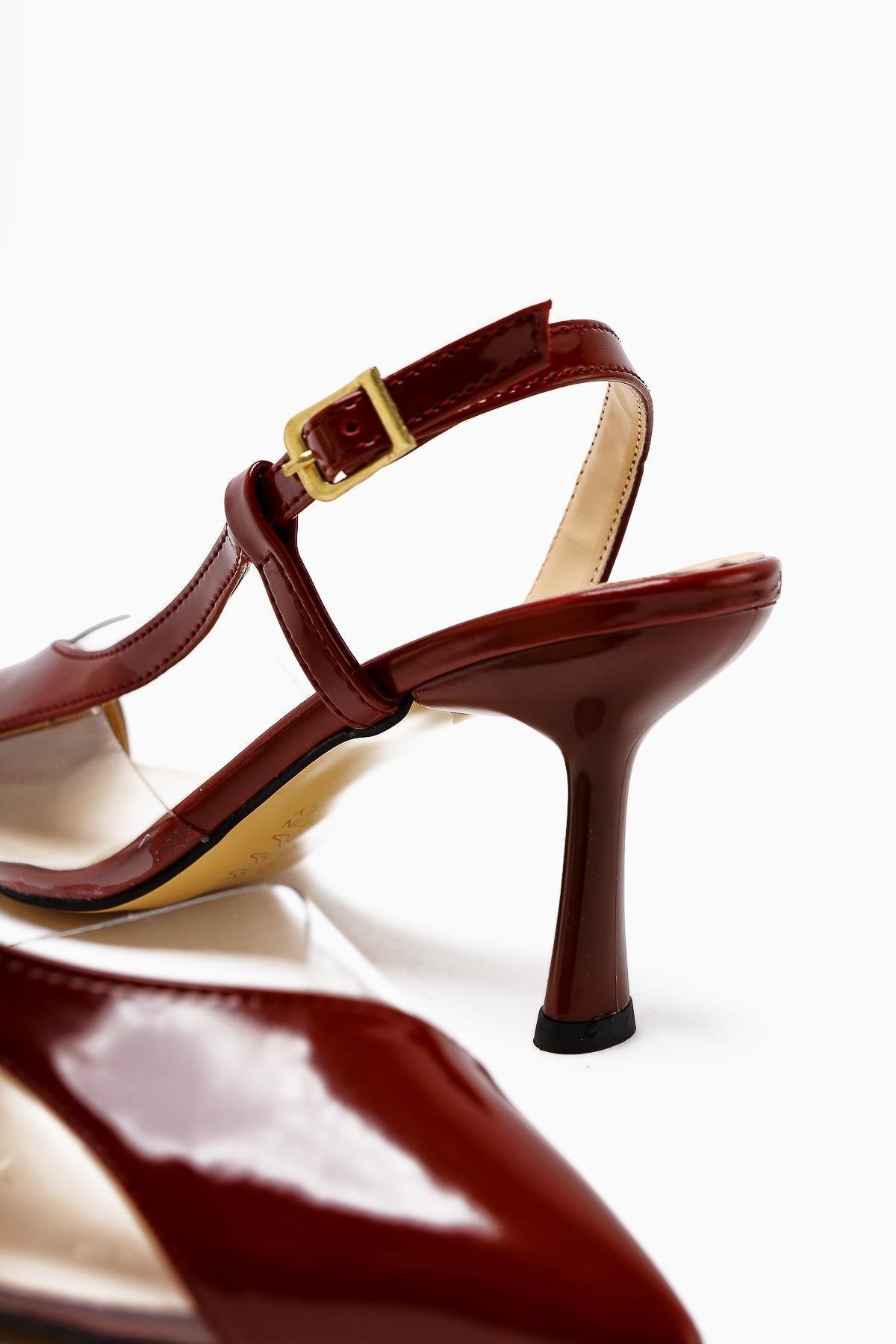 Aliah Burgundy Patent Leather Pointed Toe Pumps with Transparent Detail