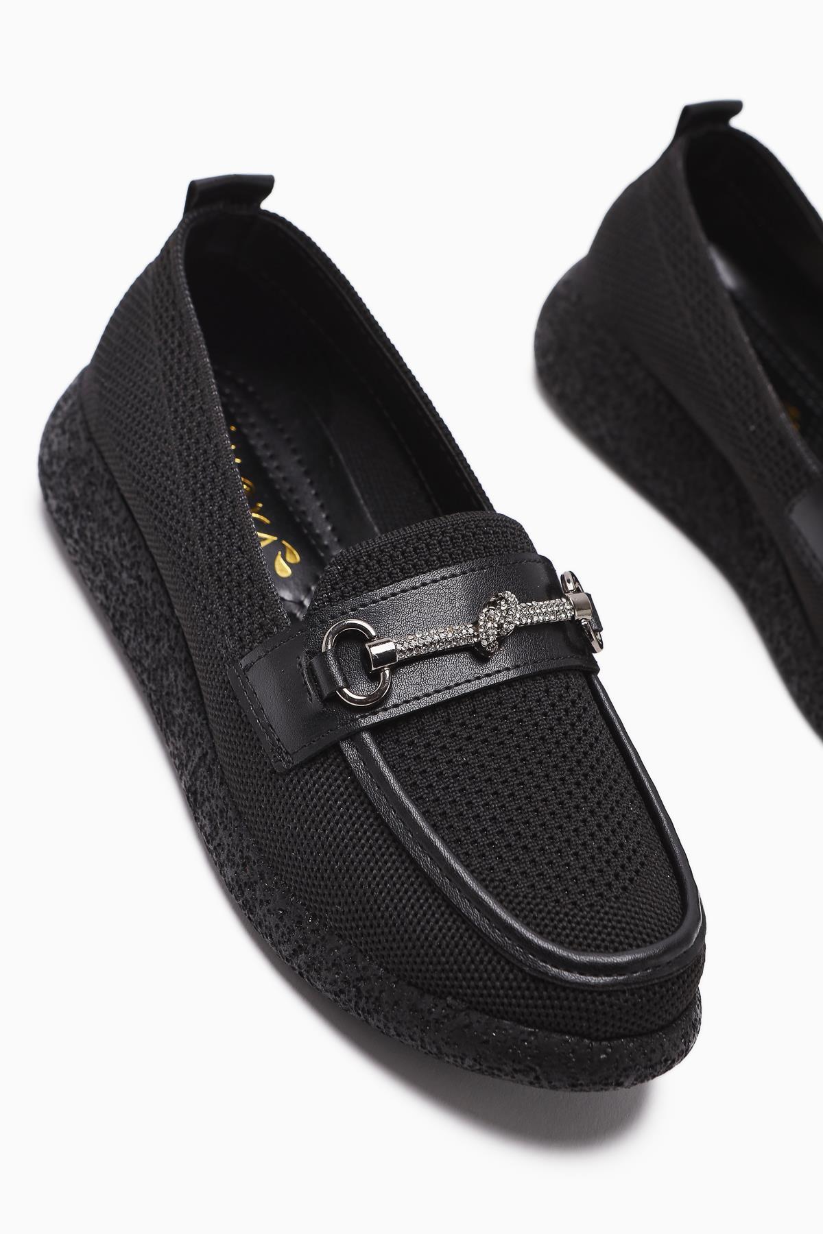 Alea Black Woven Women's Shoe with Rhinestone Buckle Detail