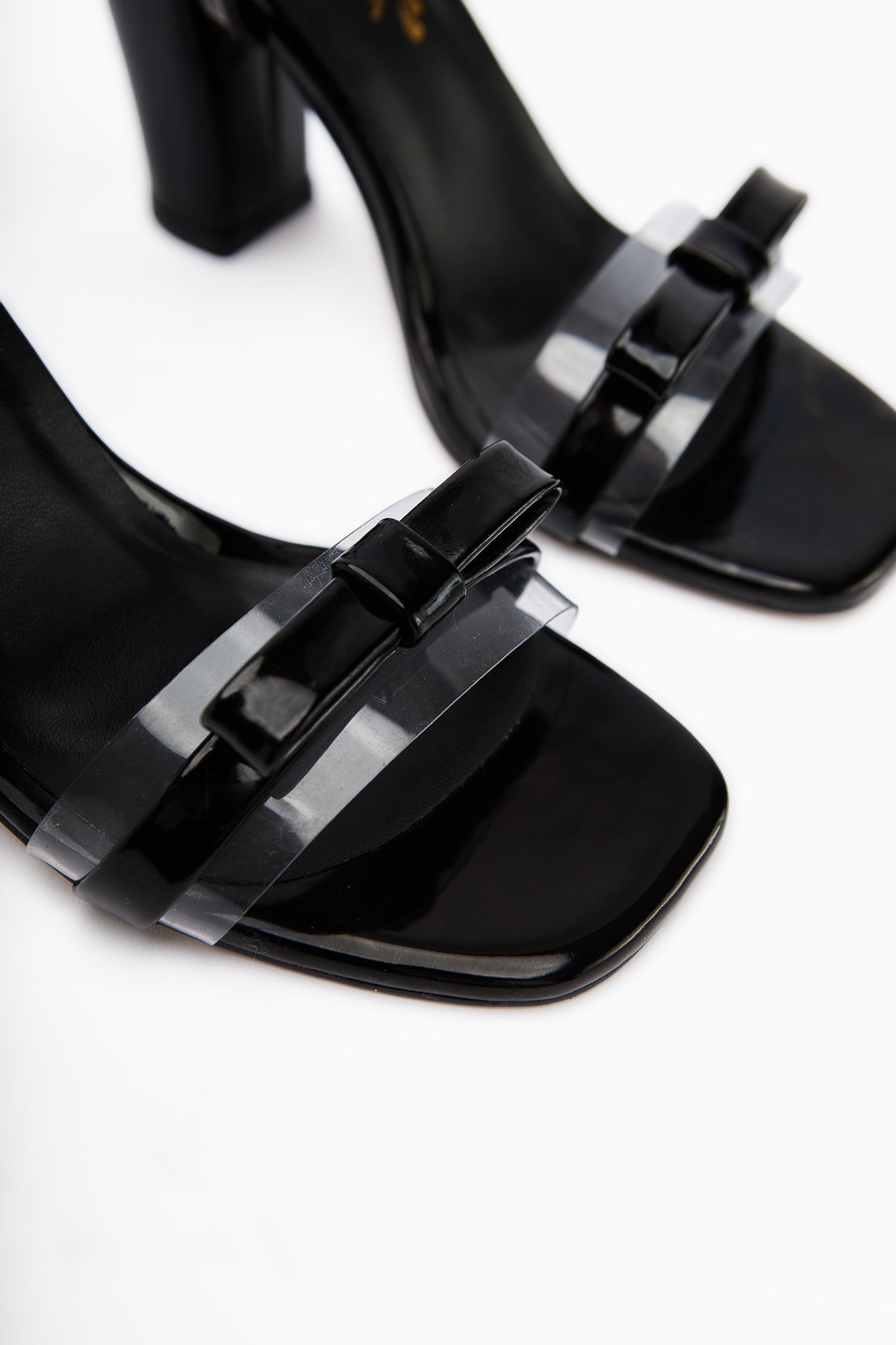 Joyce Black Patent Thick Heeled Ankle Strap Bow Women’s Sandal