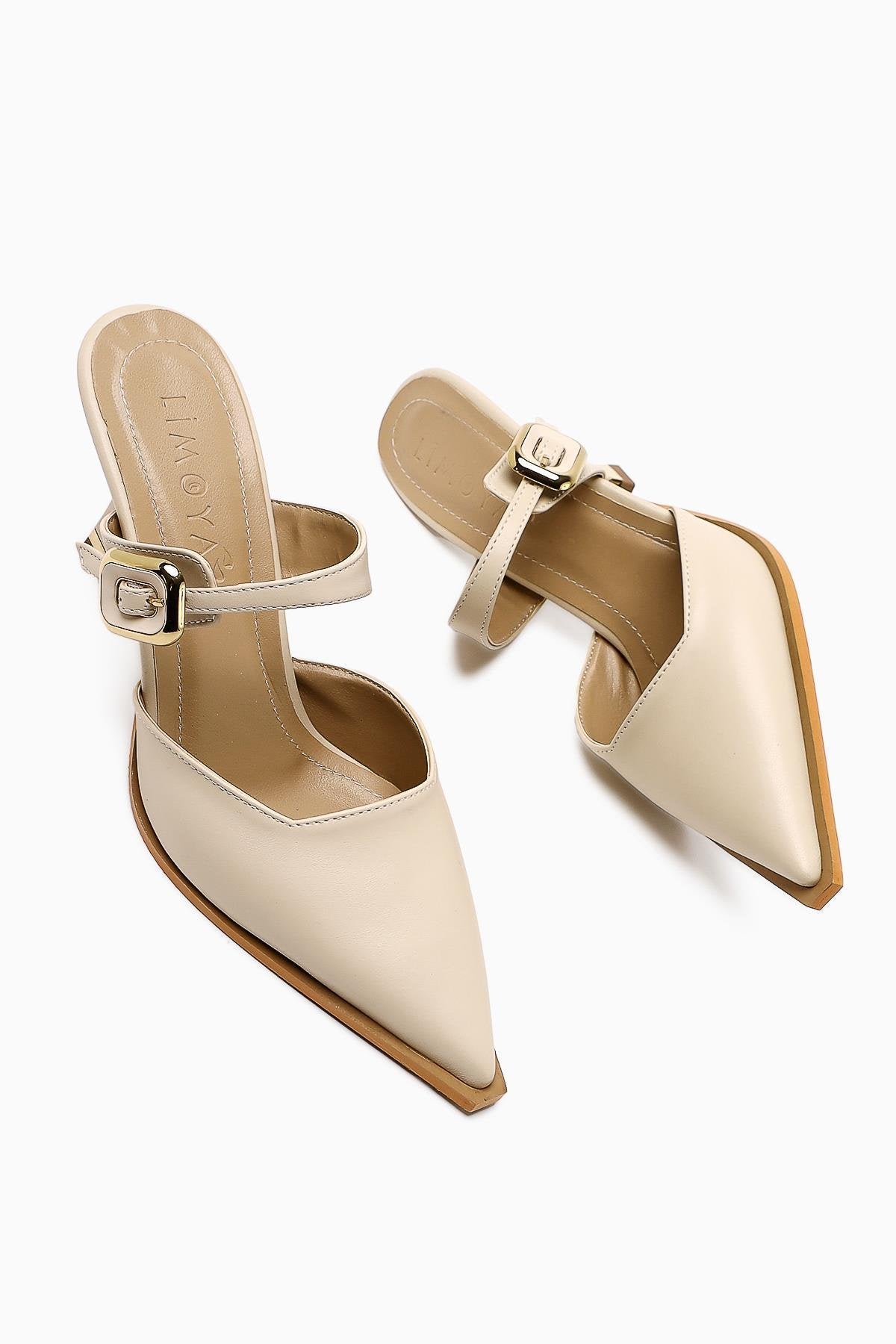 Beige Buckled Closed Toe Women’s Heeled Shoes