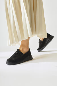 Bethina Black Suede Studded Laser-Cut Flat