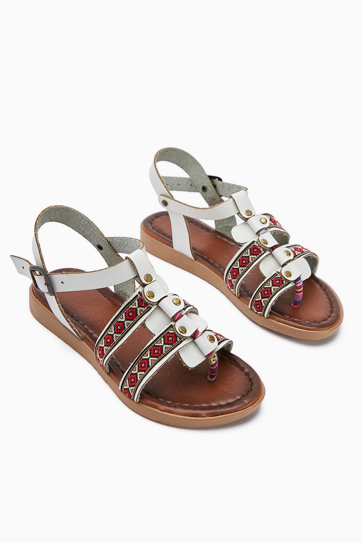 Heam White Ethnic Patterned Genuine Leather Sandals