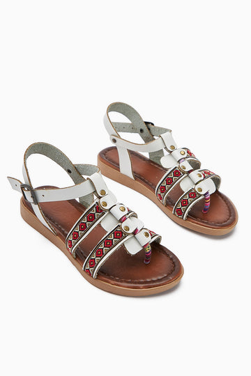 Heam White Ethnic Patterned Genuine Leather Sandals