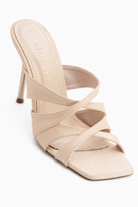 Roshin Beige Cross Strap Thin Heeled Women’s Slippers