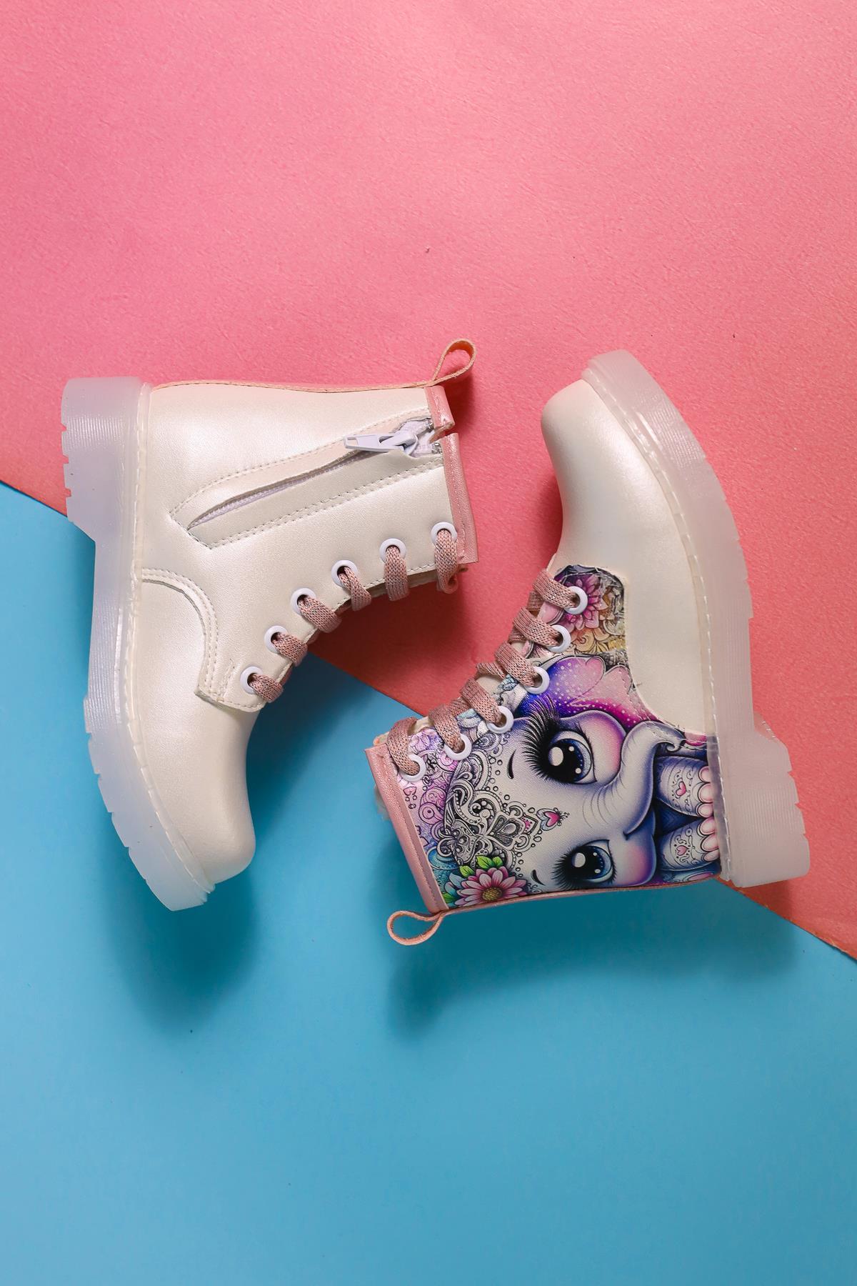 Lovise Mother of Pearl Cartoon Character Print Lace-Up Kids' Boots