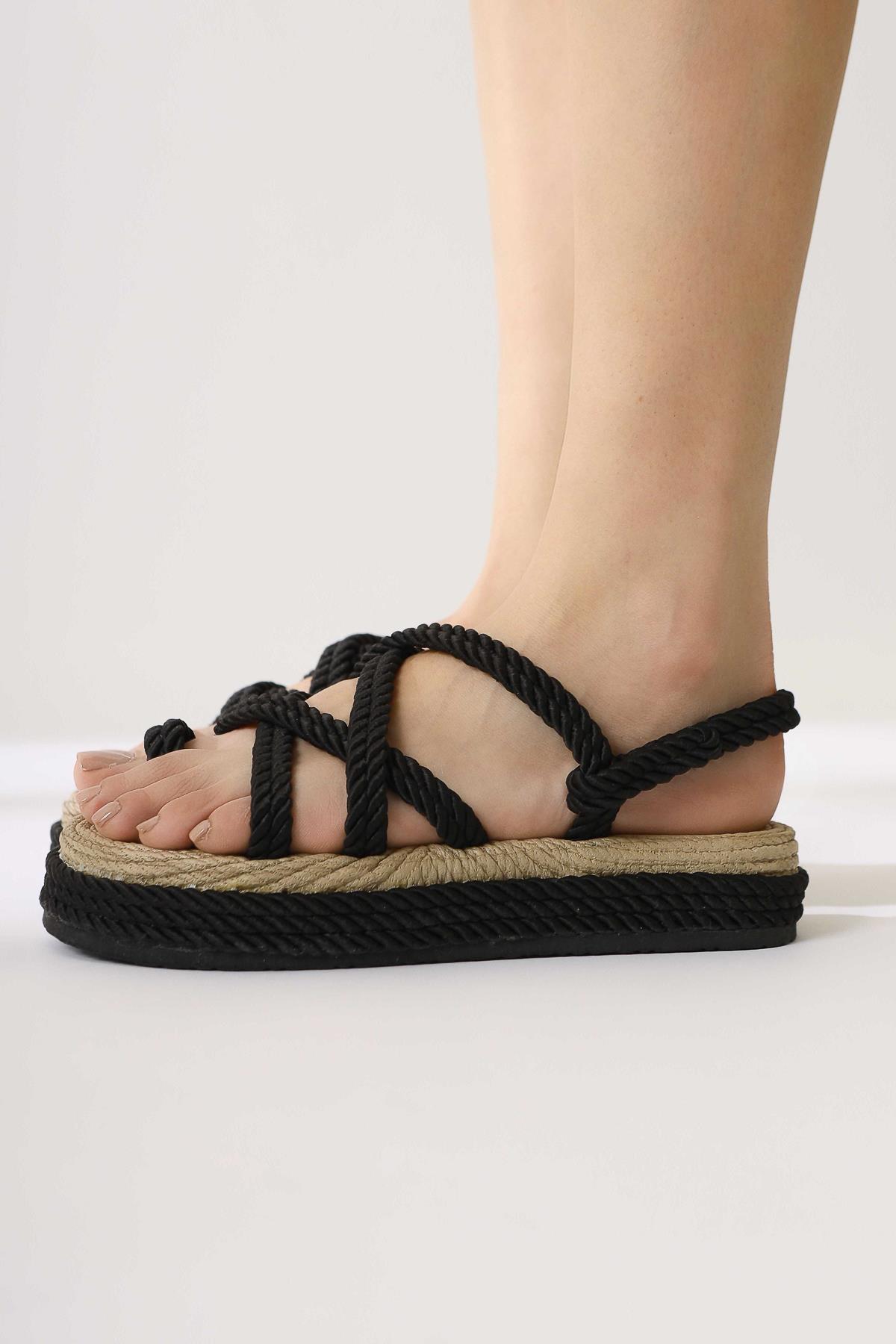 Spresa Black Thick Soled Rope Sandals