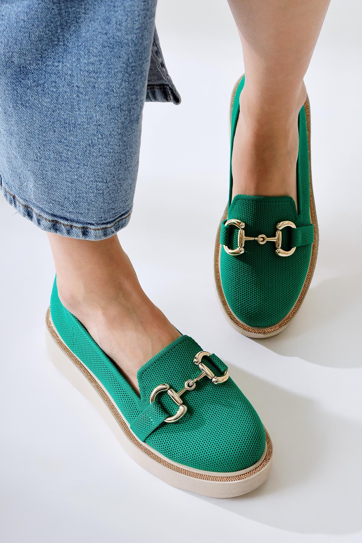 Thien – Green Perforated Textile Buckle-Detail Stone-Detail Casual Shoe (Women)