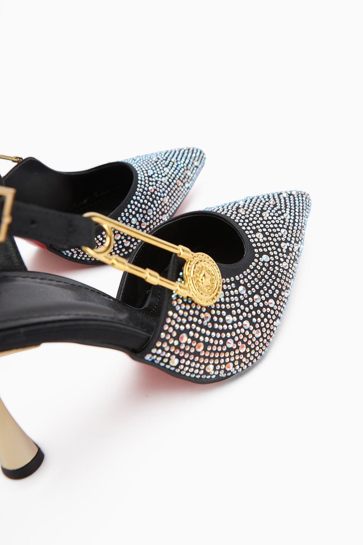 Denise – Silver; Beige/Light-Gold Tones Stone-Embellished Shiny Ankle-Tie Pointed-Toe Slim Heel Open-Back Ankle-Strap Gold-Chain Side Accessory Shoe (Women)