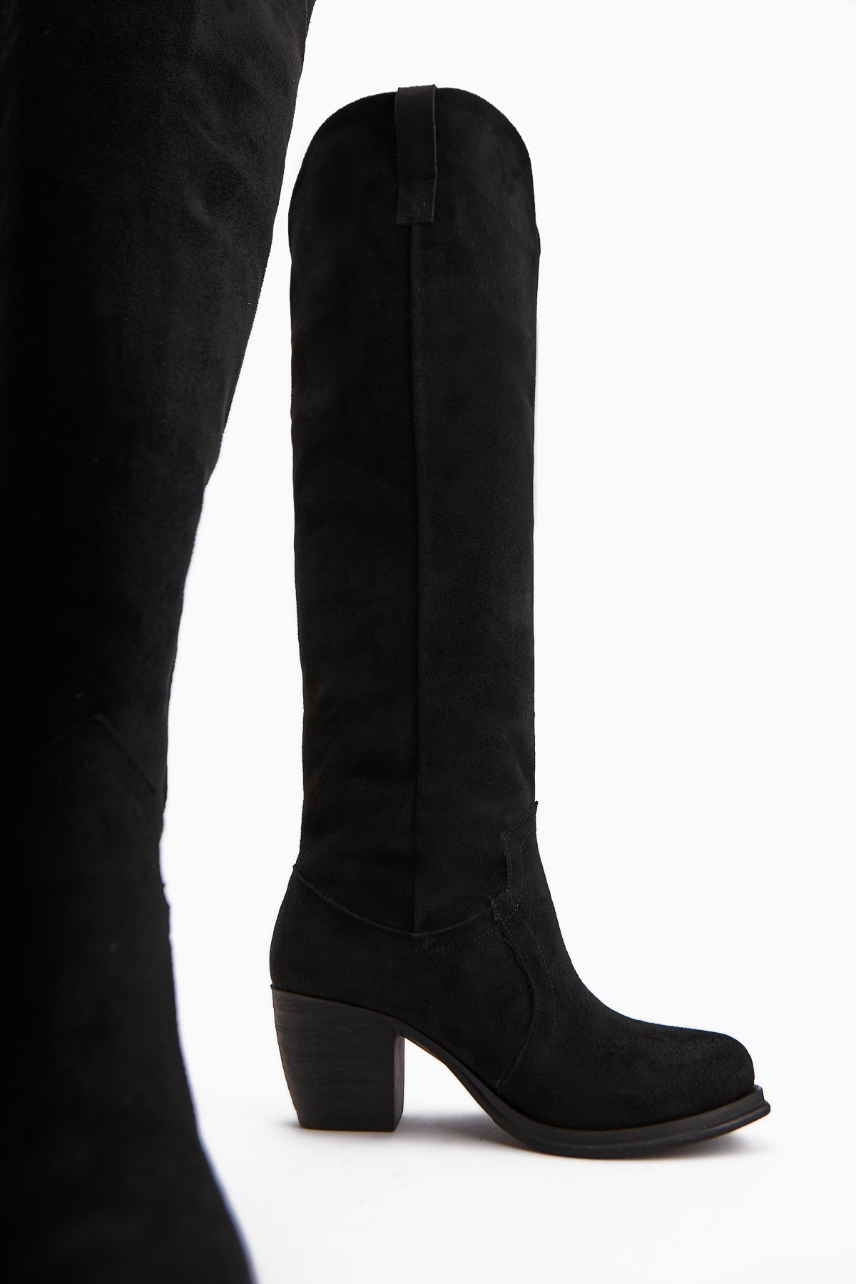 Leya – Black Suede Zipperless Heeled Knee-High Boot (Women)