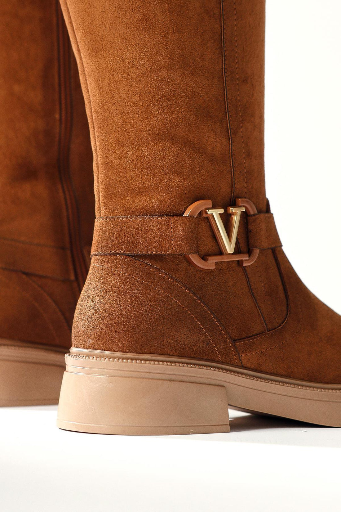 Ginan – Cognac Suede Buckle-Detail Low Heel Zipper Knee-High Boot (Women)