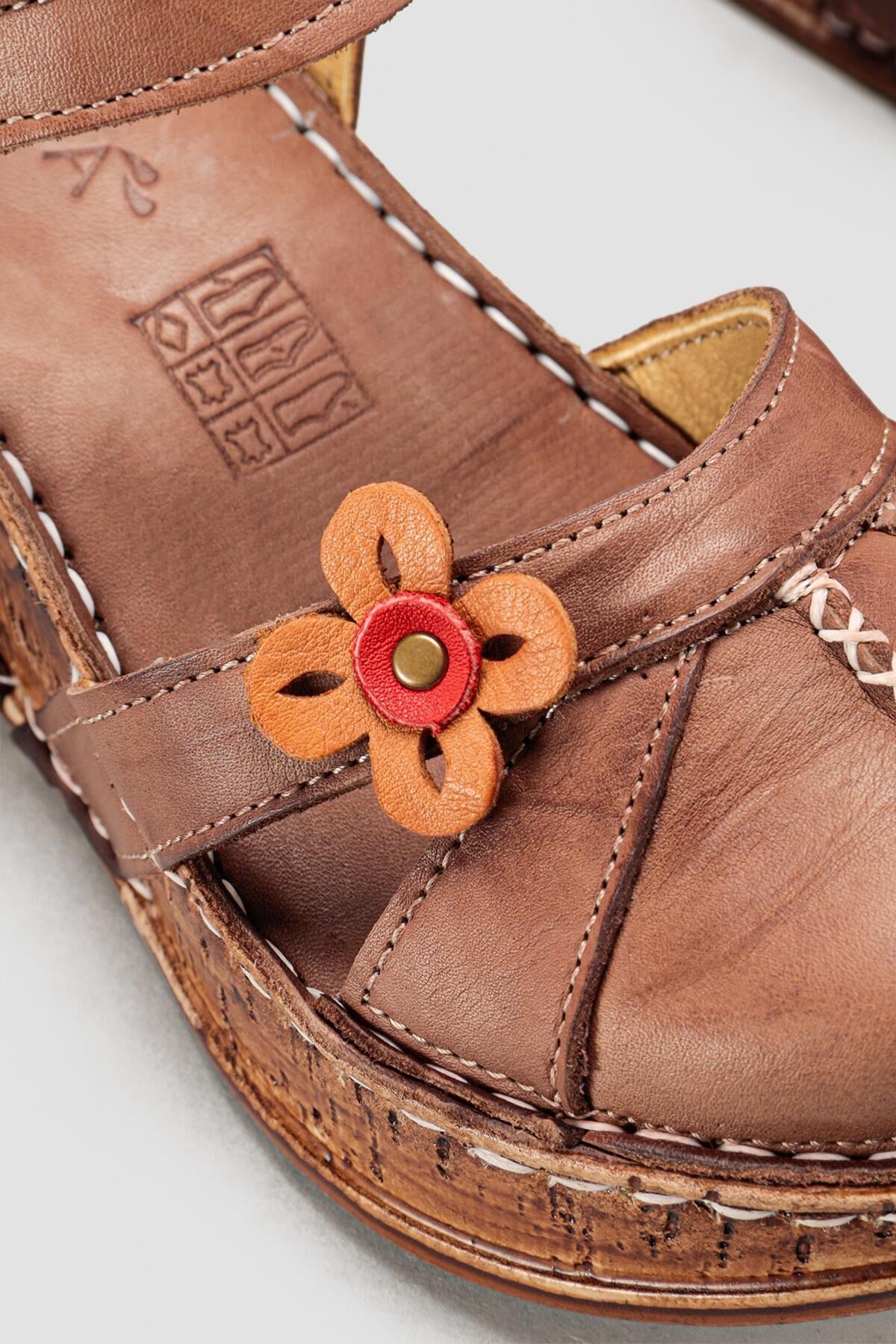 Katlyn Earth Genuine Leather Sandals with Floral Detail and Chunky Heels