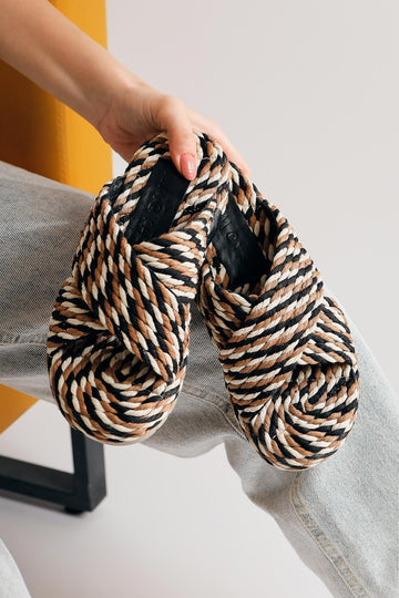 Leiya Black Cross-Strap Rope Slipper