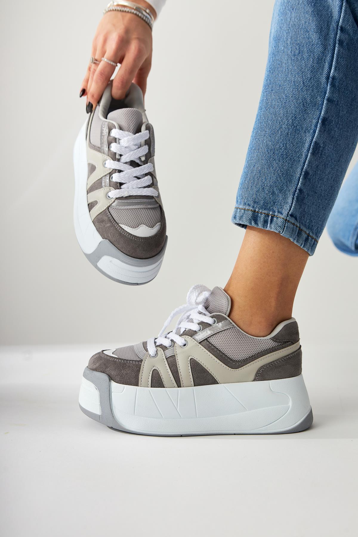 Alvi – Gray Leather-Look Vegan Material Detail Sneaker (Women)