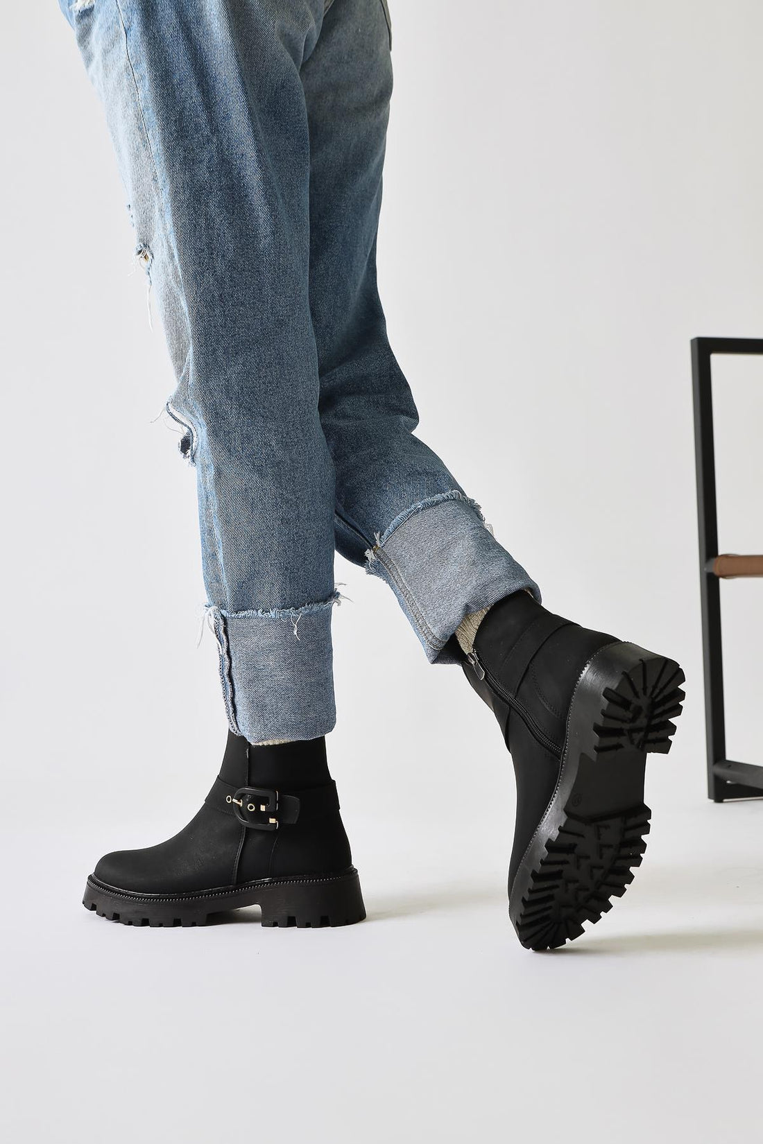 Nico – Black Oval-Toe Buckle-Detail Boot (Women)