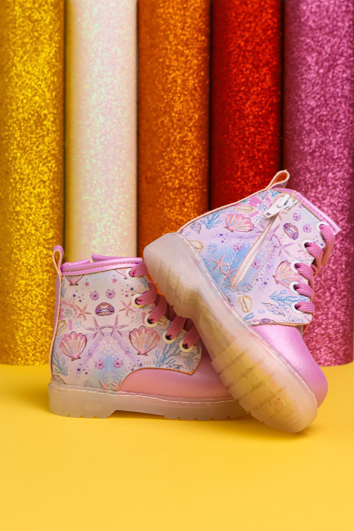 Gifty Purple Sea Life Print Light-Up Lace-Up Baby Boots