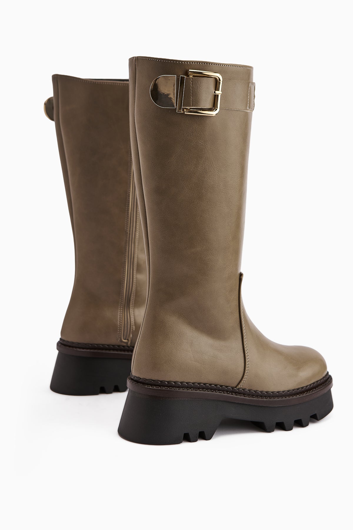 Hely – Taupe Buckle-Detail Platform Knee-High Boot (Women)