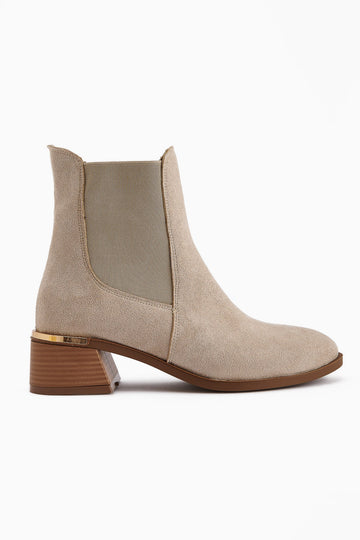 Verna - Beige Suede Elasticated Heeled Boot (Women)