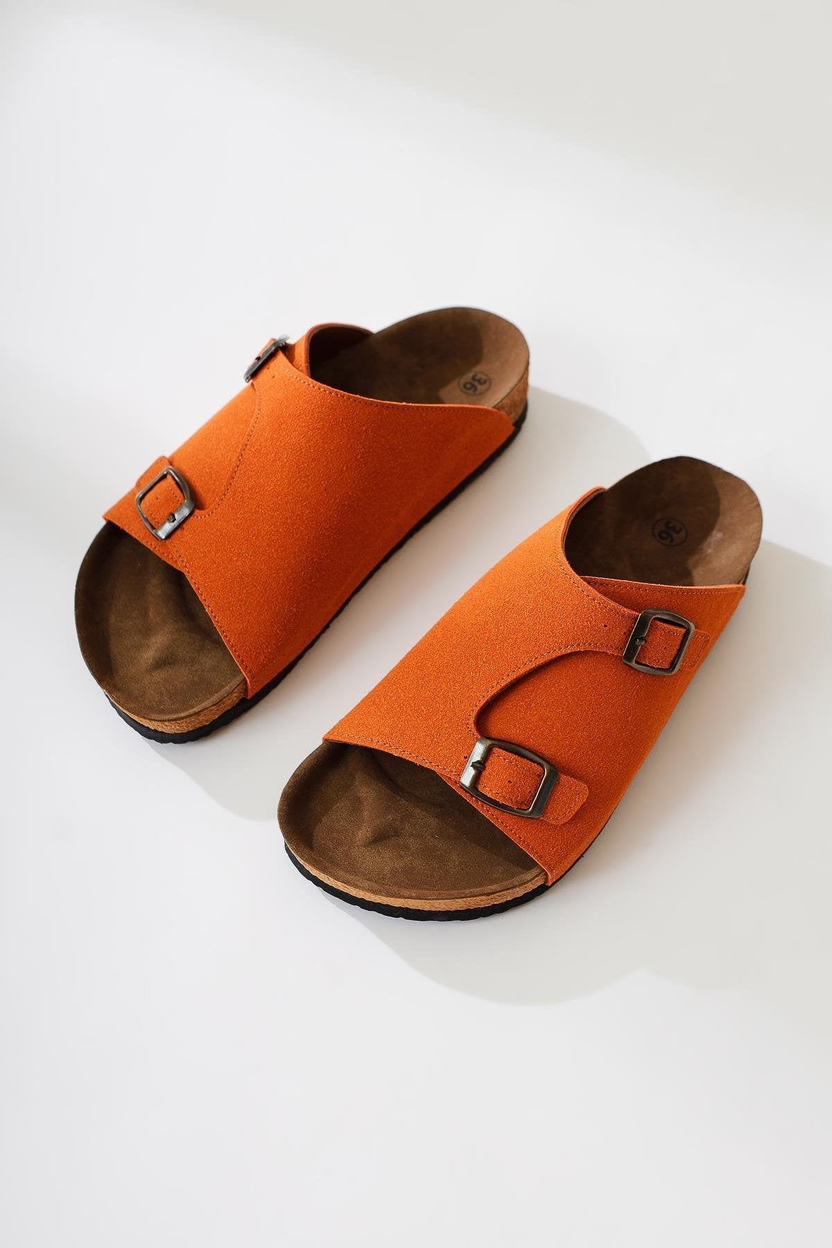 Christella Orange Suede Slippers with Double Buckle Details