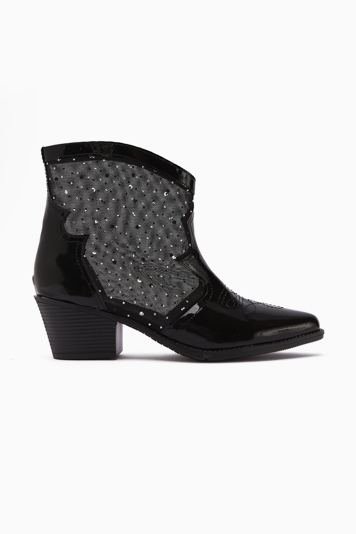 Rudi – Black Embroidered Western Stone-Embellished Summer Patent Vegan Material Boot (Women)