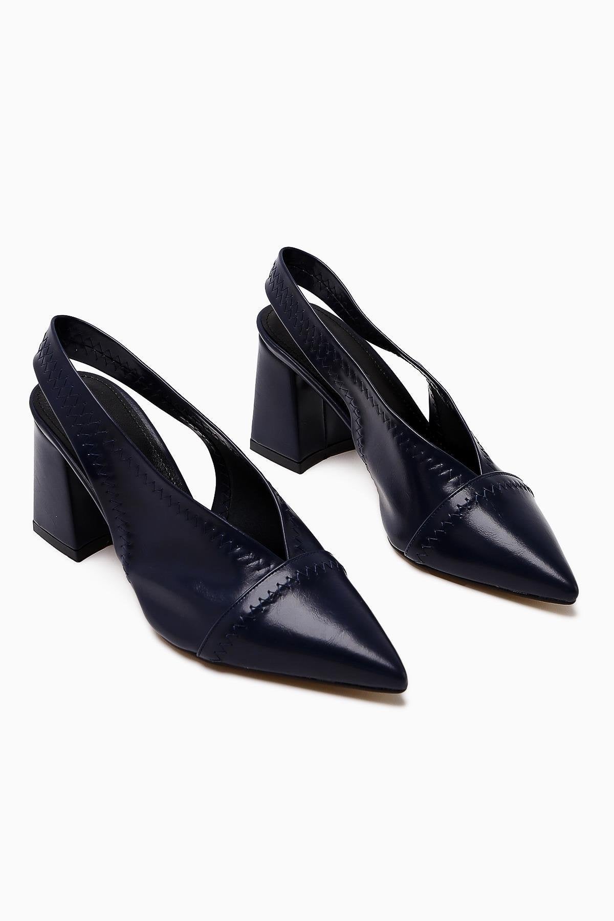 Essie Women's Navy Pointed Toe Elastic Stitch Detail Block Heel Shoes