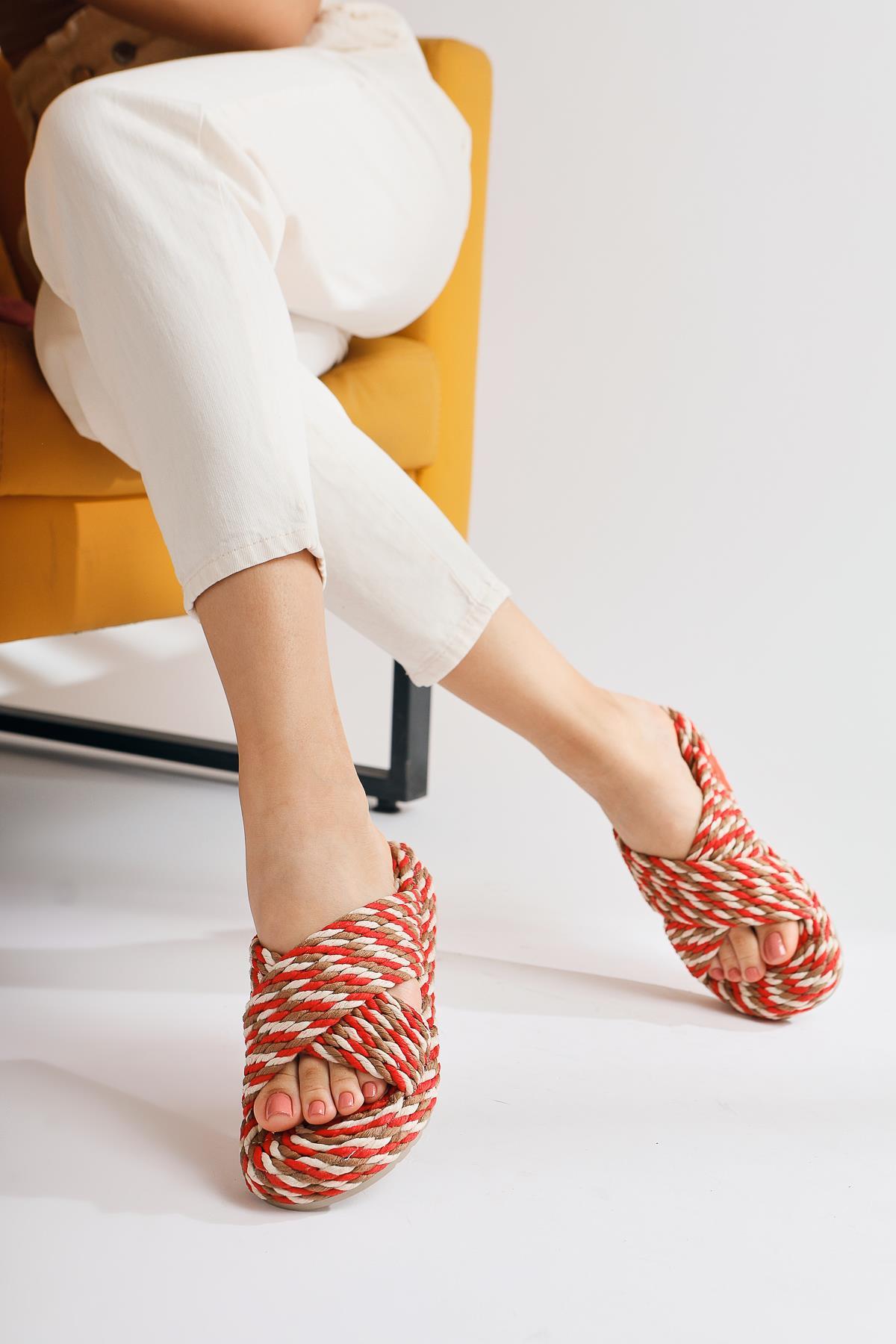 Leiya Red Cross-Strap Rope Slippers