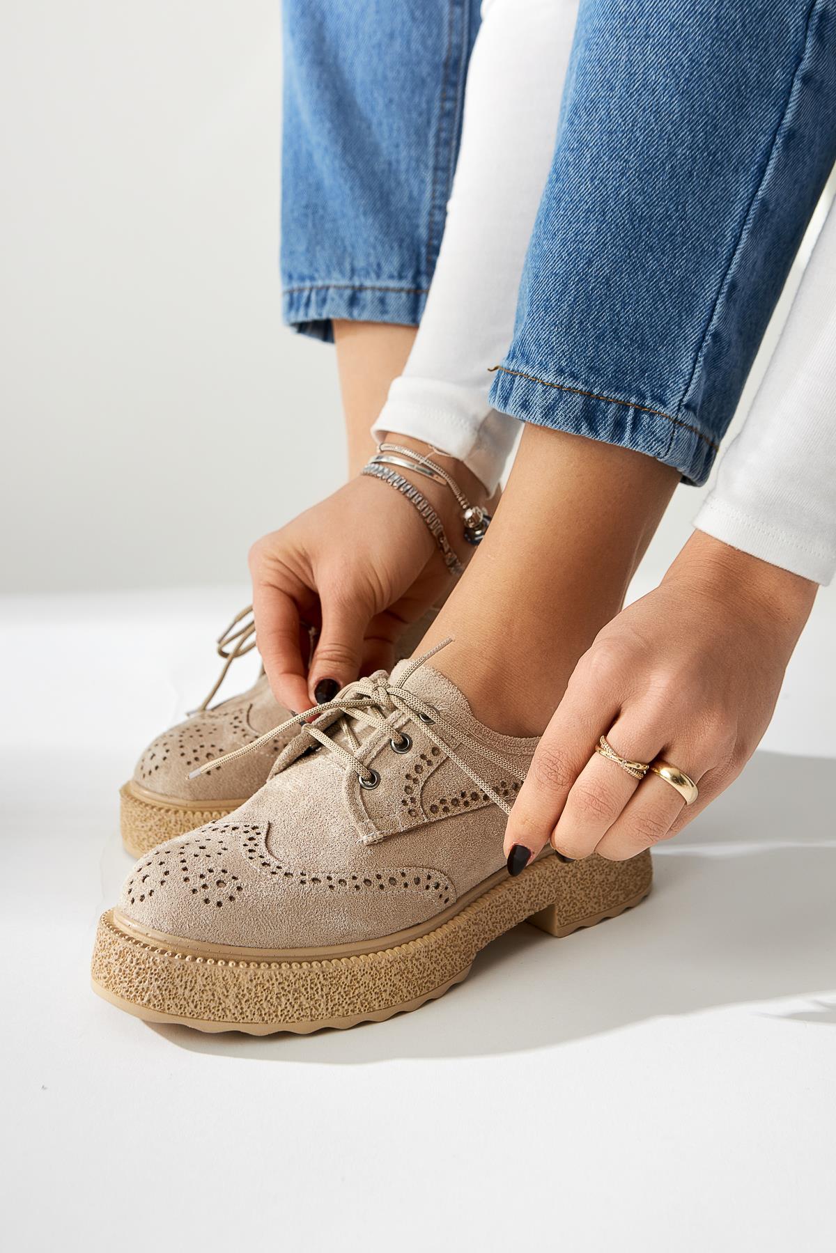 Rossy Nude Suede Round Toe Laser Cut Casual Shoes