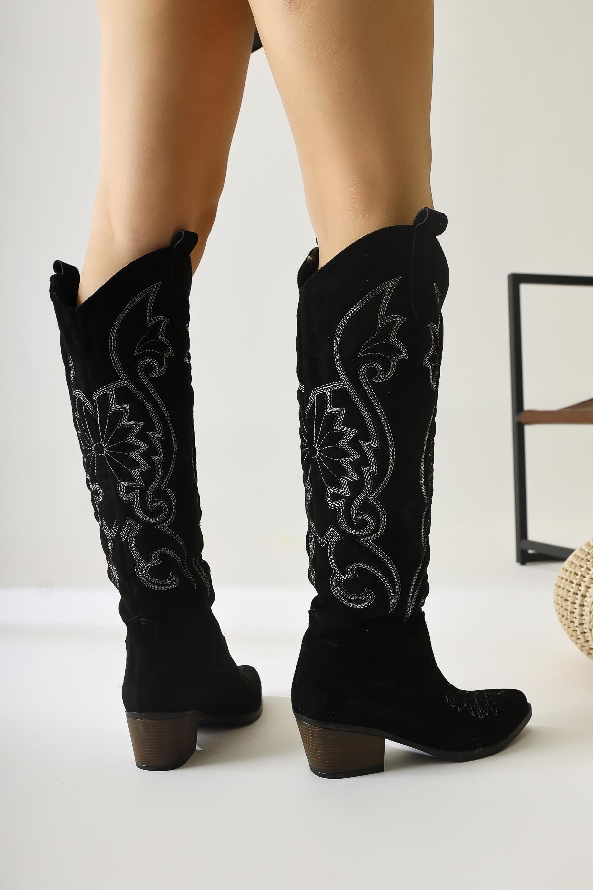 Dani Black Suede Embroidered Pointed Toe Western Boot