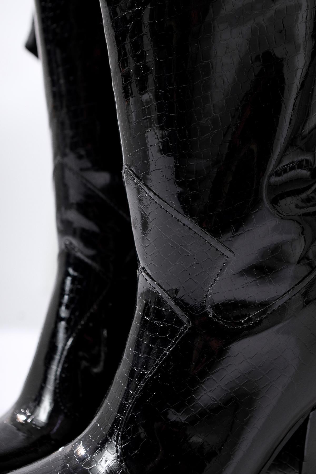 Keri – Black Croc-Embossed Asymmetric-Cut Heeled Knee-High Boot (Women)