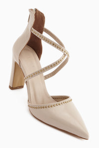 Neyla Beige Studded Cross-Strap Pointed Toe Women’s Heeled Shoes