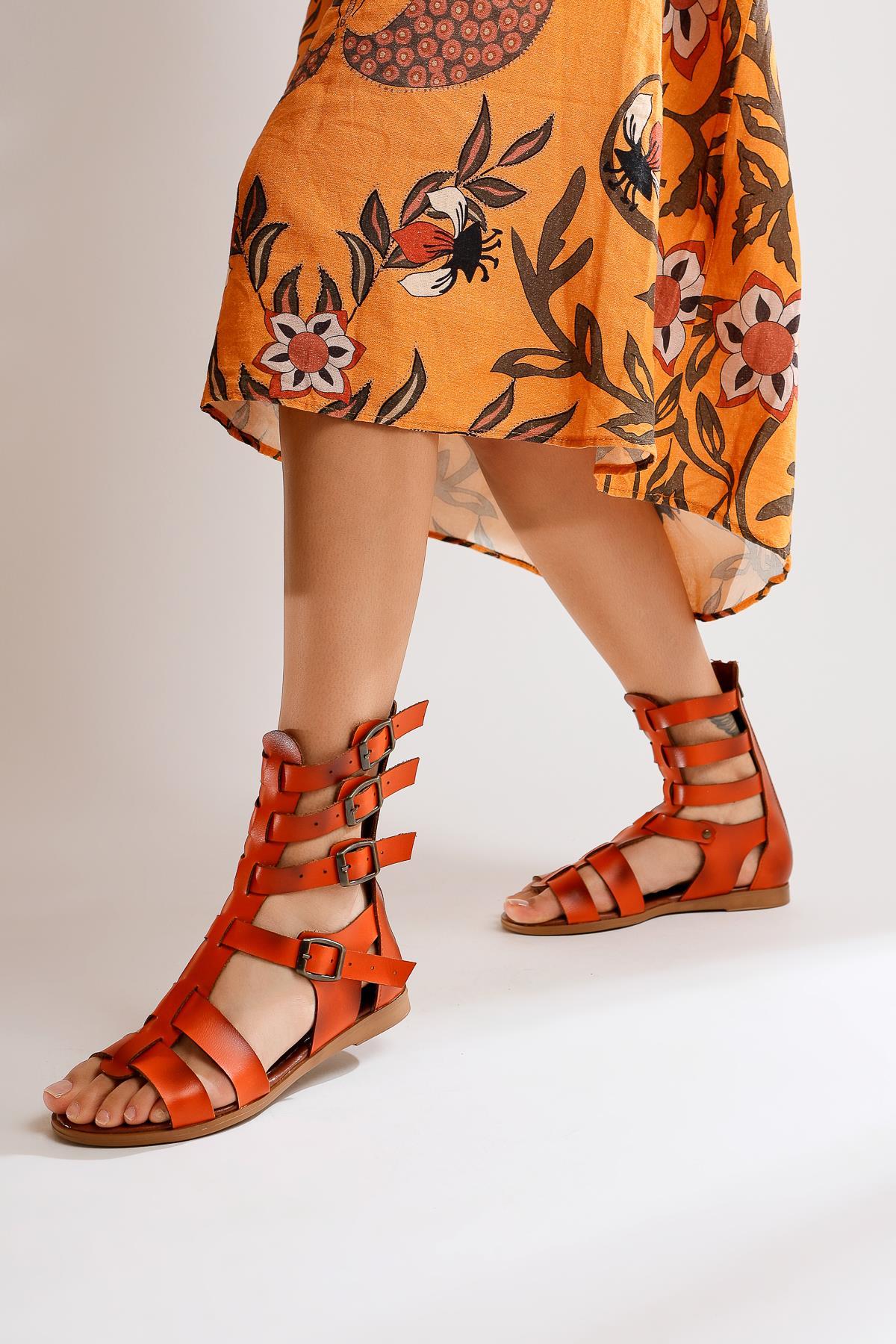 Miranda Genuine Leather – Orange Zippered Gladiator Sandal (Women)