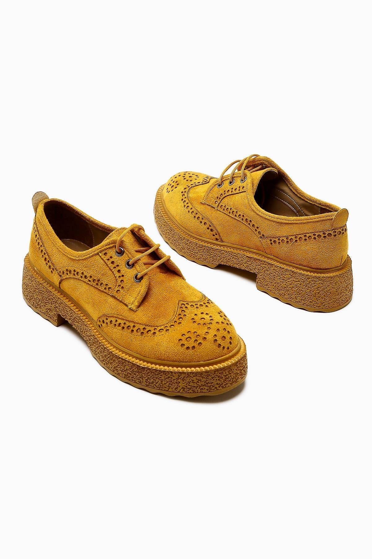Rossy – Mustard Suede Round-Toe Laser-Cut Casual Shoe (Women)