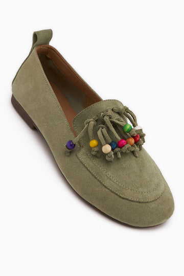 Benita Genuine Leather Khaki Beaded Detailed Women’s Loafer