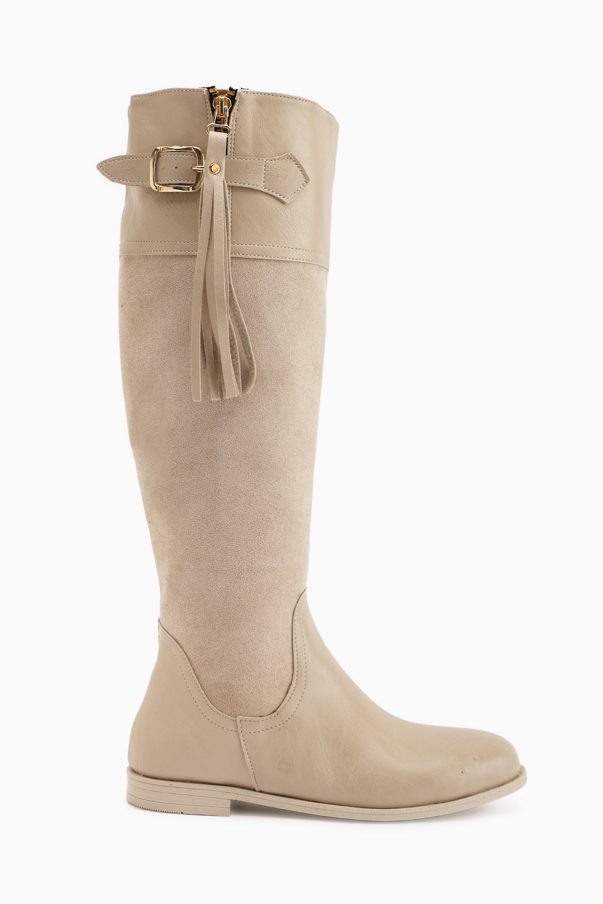Galia – Beige Suede Buckle Knee-High Boot (Women)