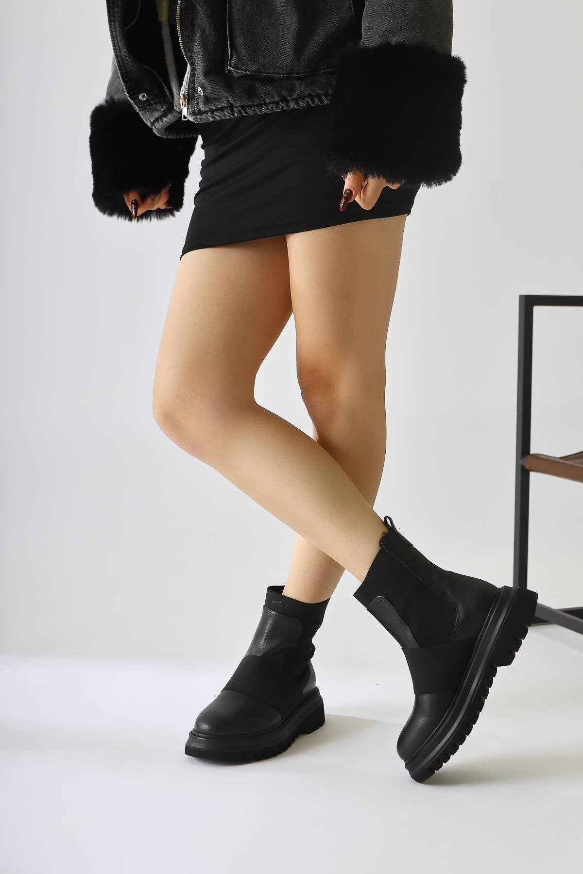 Millena Black Suede Pull-On Boot with Elastic Belt Details