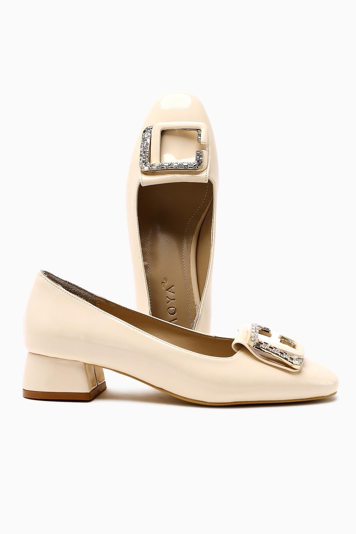 Roza – Beige Patent Stone-Embellished Low Heel Shoe (Women)