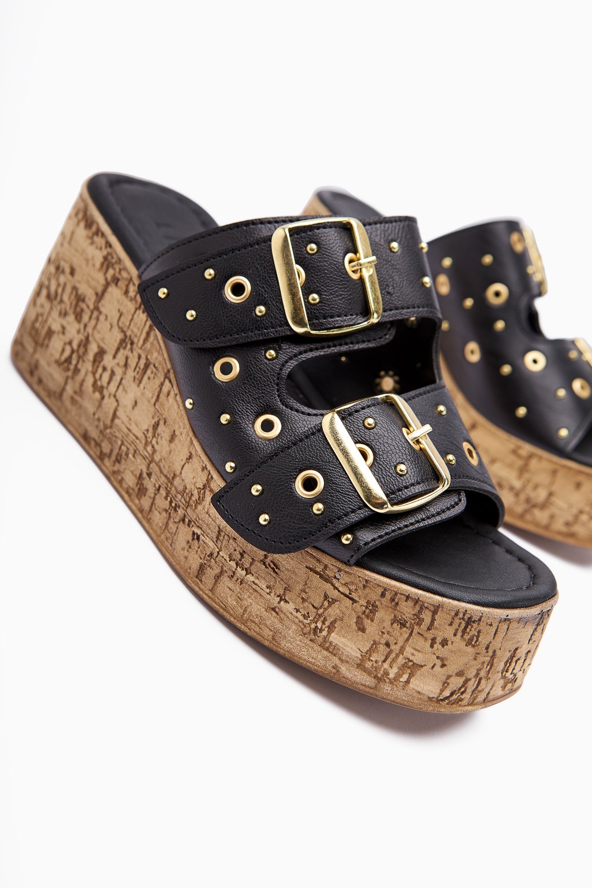 Genja Black Chunky Heel Women's Slides with Straps