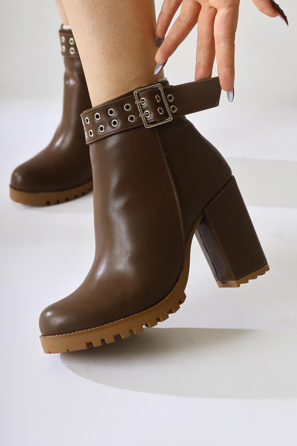 Jonny – Brown Buckle-Detail Oval-Toe Zipper Boot (Women)