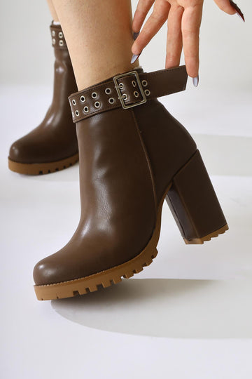 Jonny – Brown Buckle-Detail Oval-Toe Zipper Boot (Women)