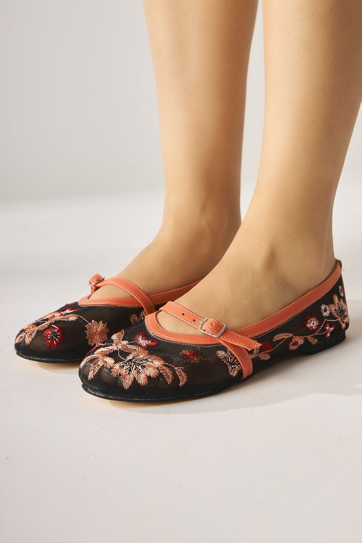 Jolin Orange Embroidered Buckle Women's Ballet Flat