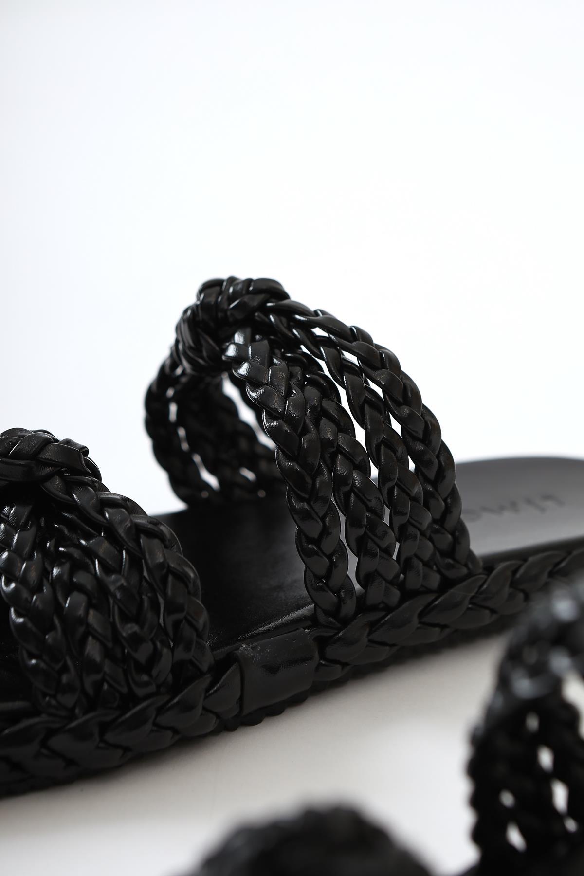 Nessa Black Patent Leather Woven Strap Slippers