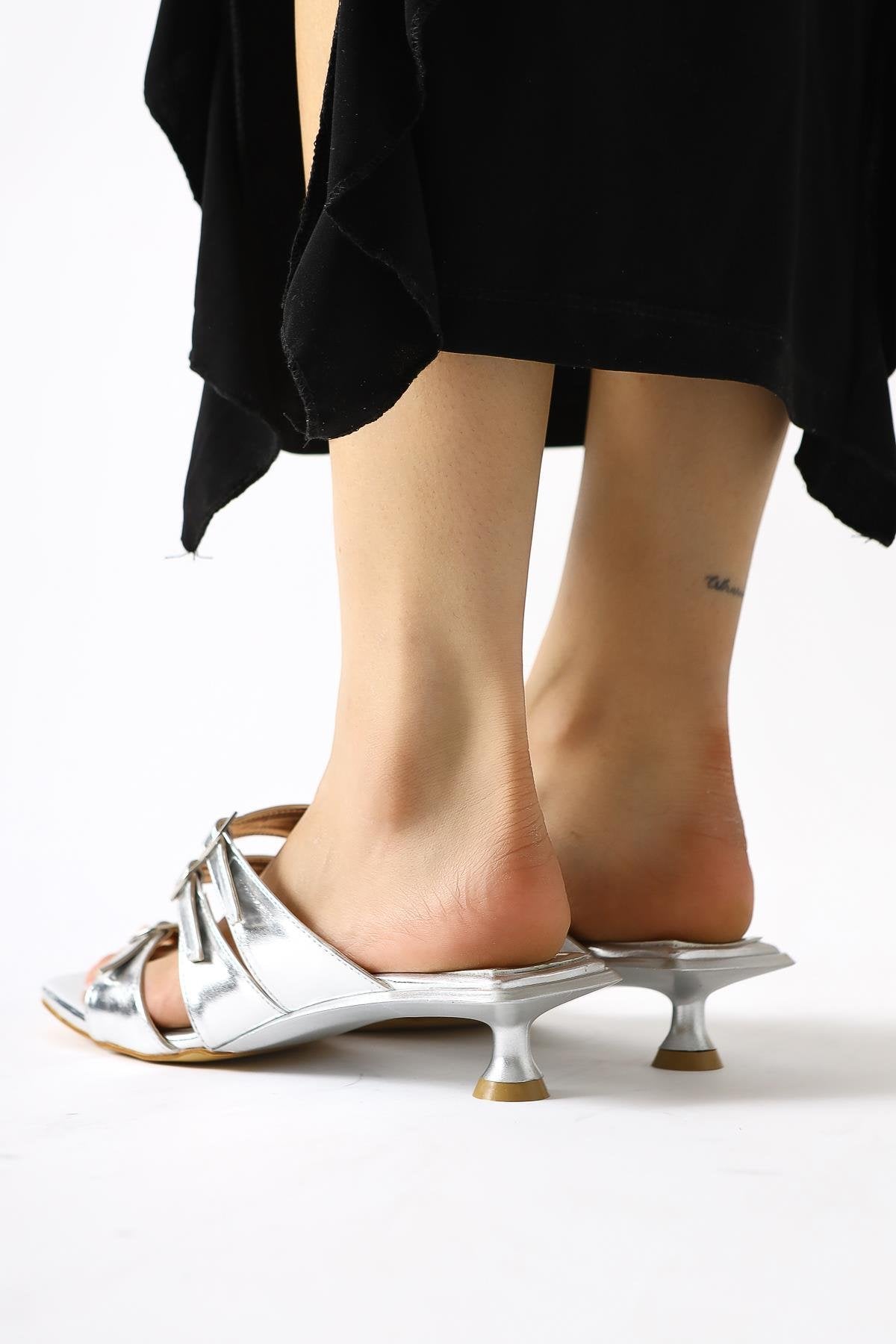 Mellanie Silver Patent Leather Triple Strap Low Heel Slides