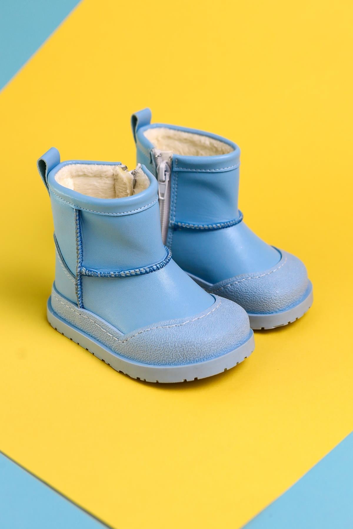 Gilla Blue Reverse Stitch Detailed Furry Lined Baby Boots