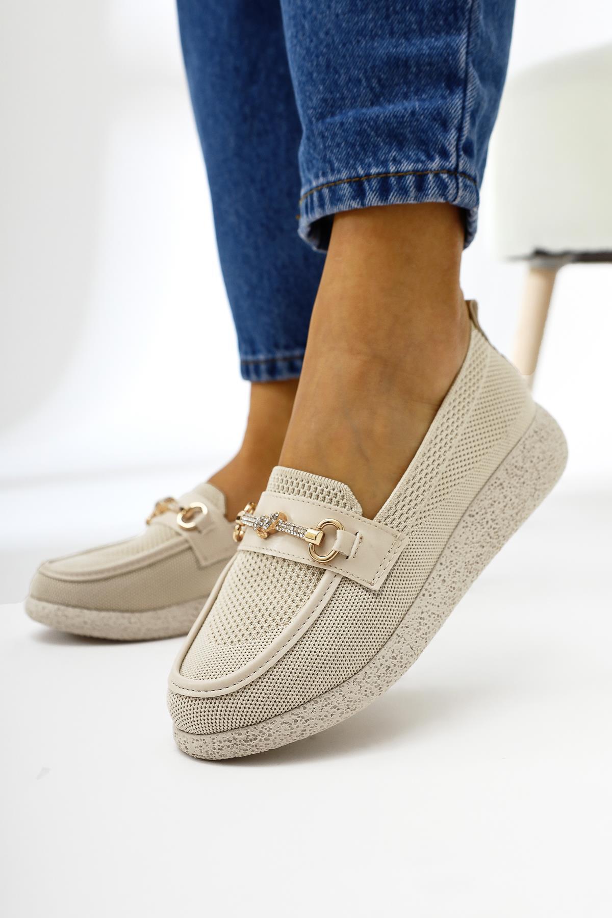 Alea Nude Woven Rhinestone Buckle Detail Casual Shoes