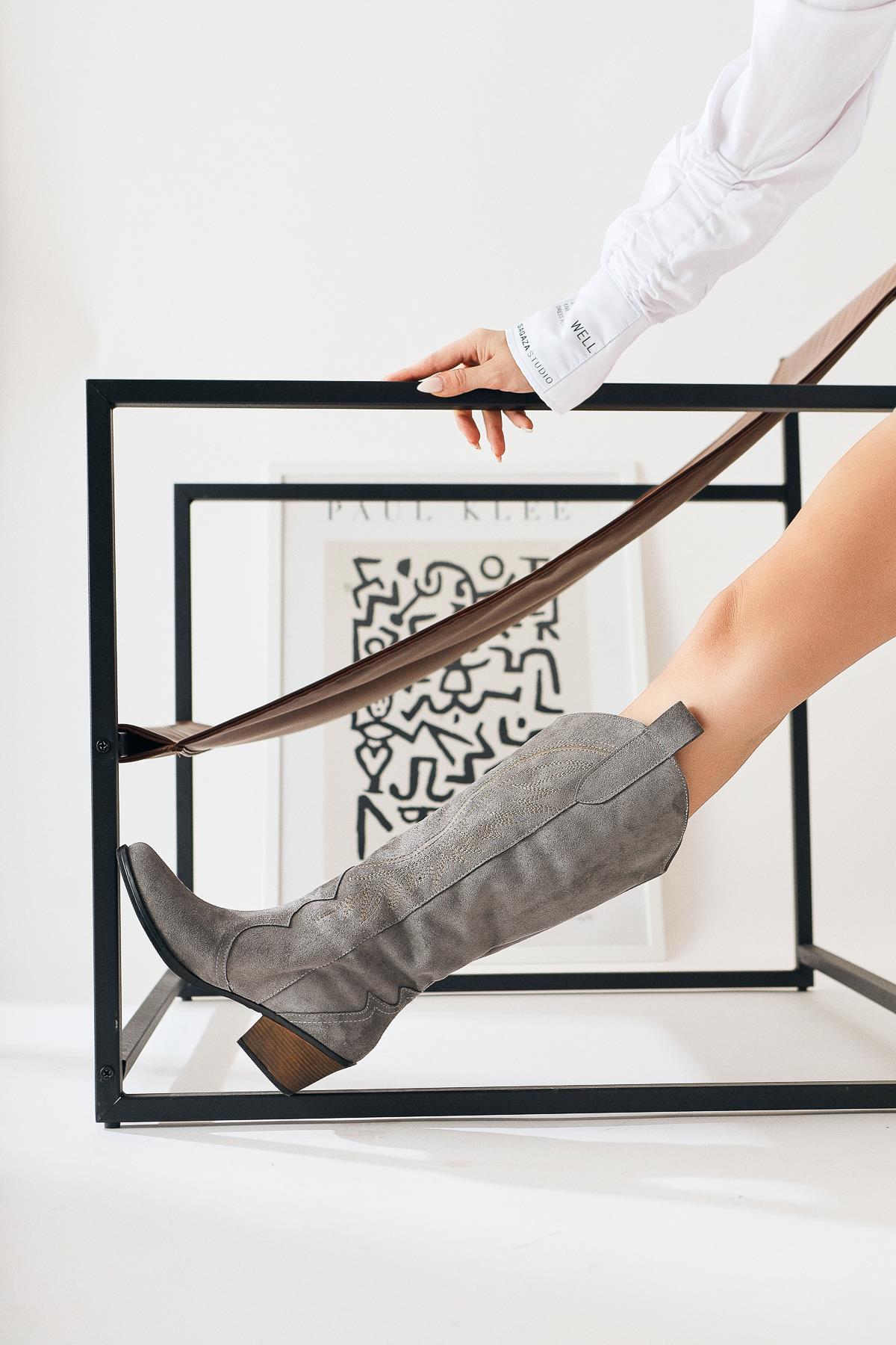 Hero Grey Suede Embroidered Cowboy Boots