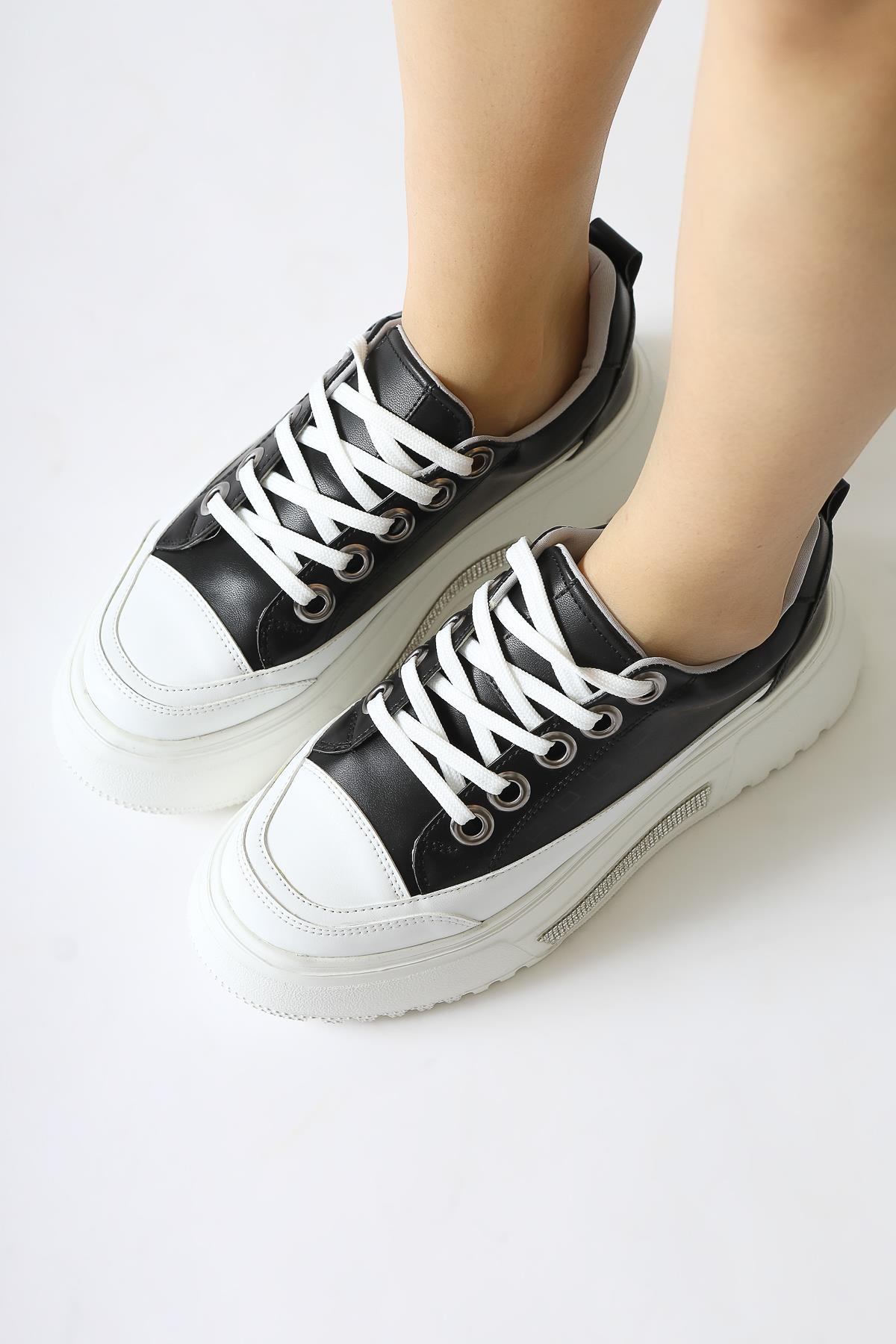 Rosella Black Thick Sole Stone Detailed Lace-up Sneakers