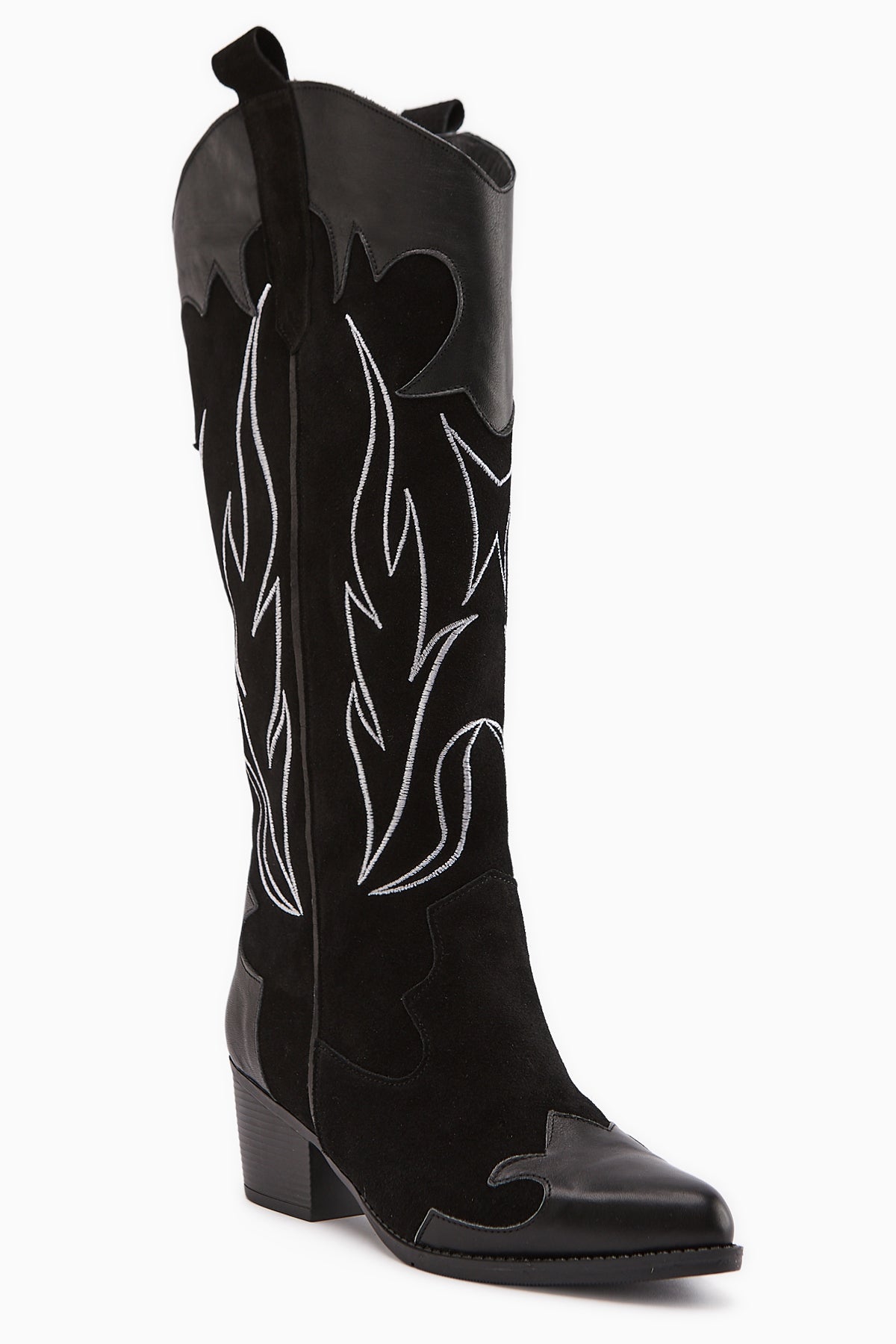 Lara Genuine Leather – Black Suede Embroidered Leather-Detail Heeled Western Knee-High Boot (Women)